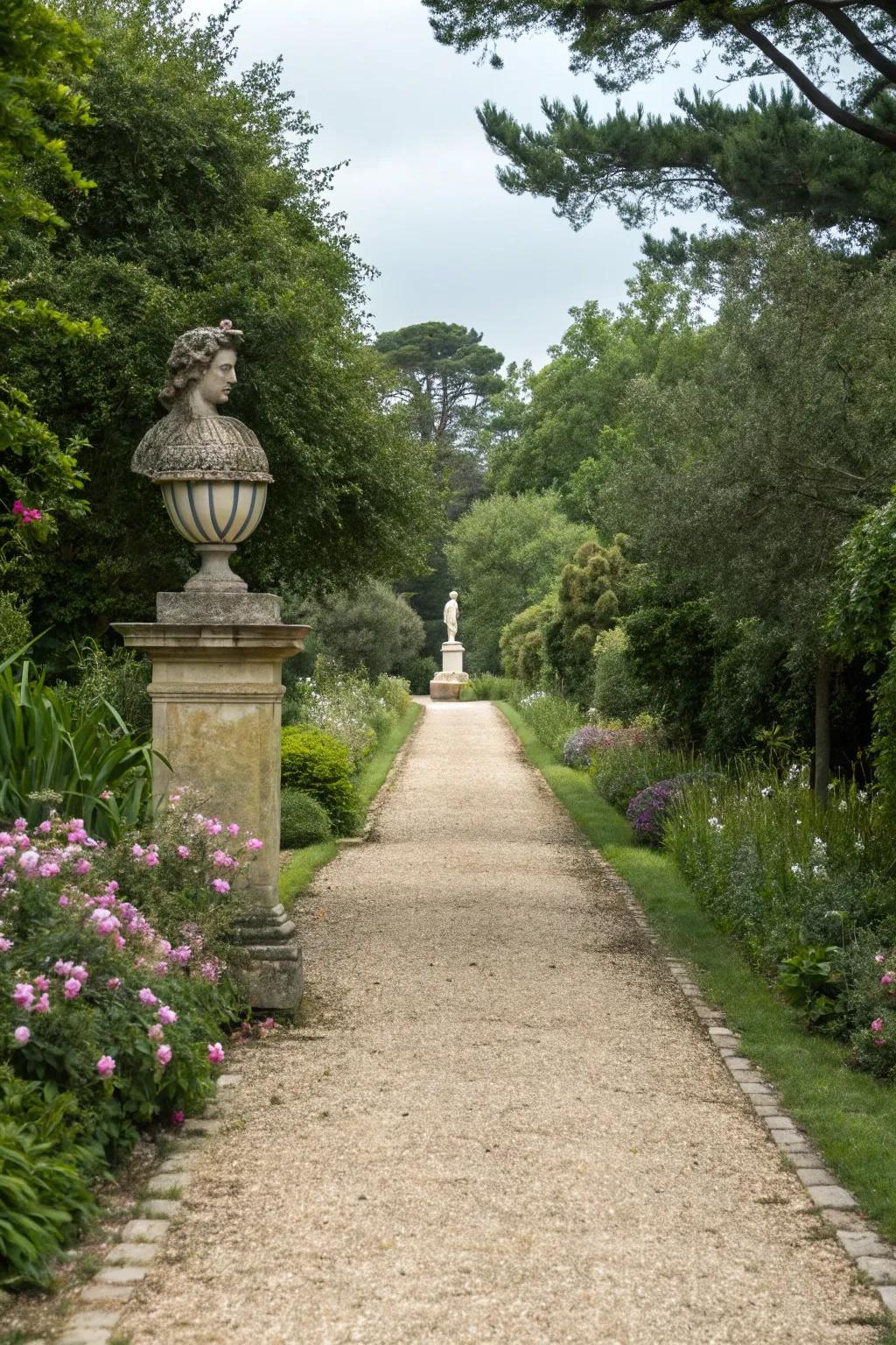 A gravel walkway enhanced by a striking statuary centerpiece