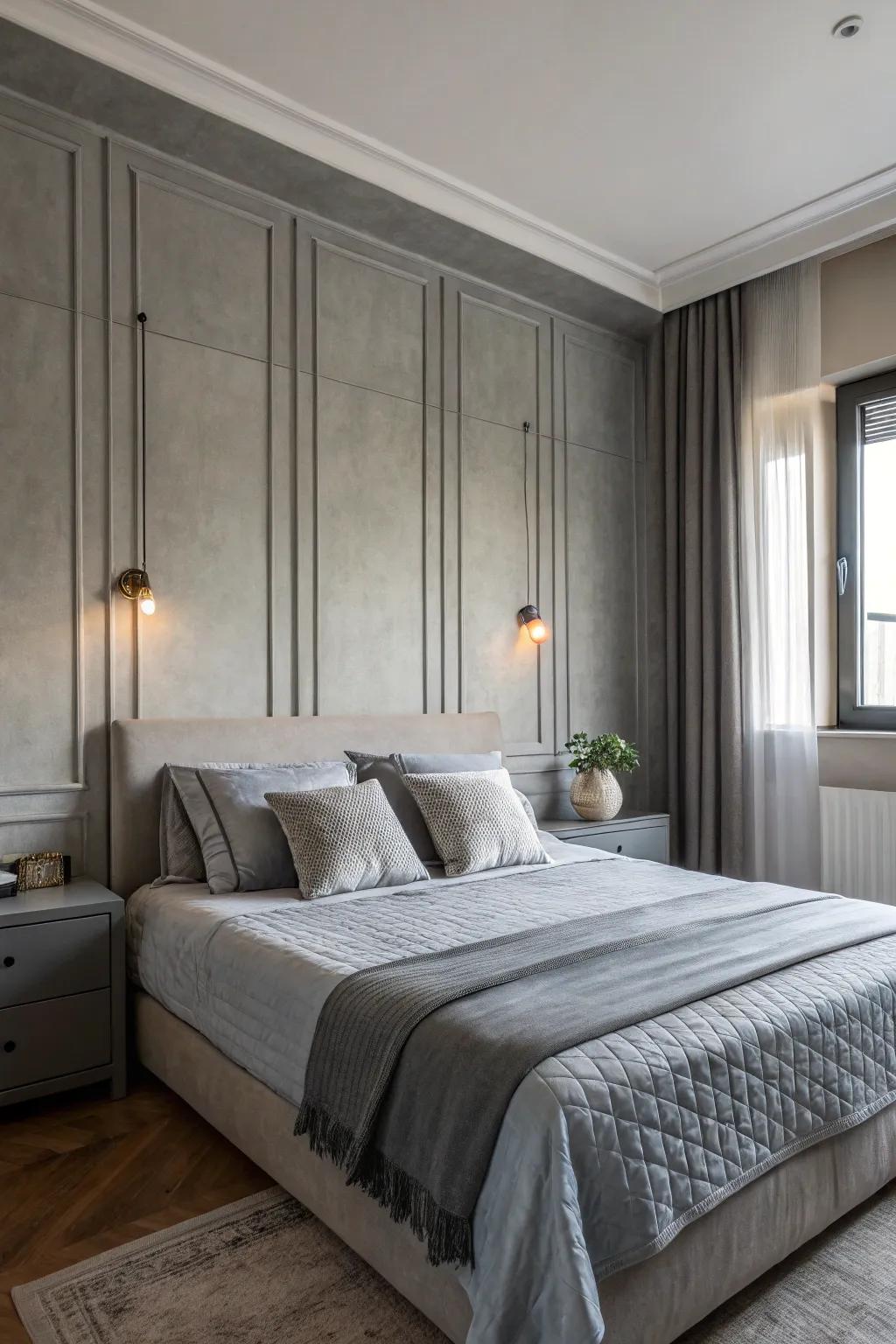 A dynamic bedroom using layered gray tones.