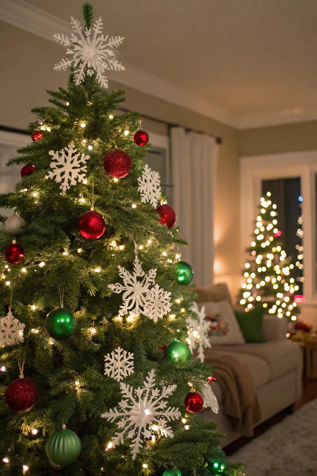 A Christmas tree featuring snowy highlights and crimson and emerald decorations.