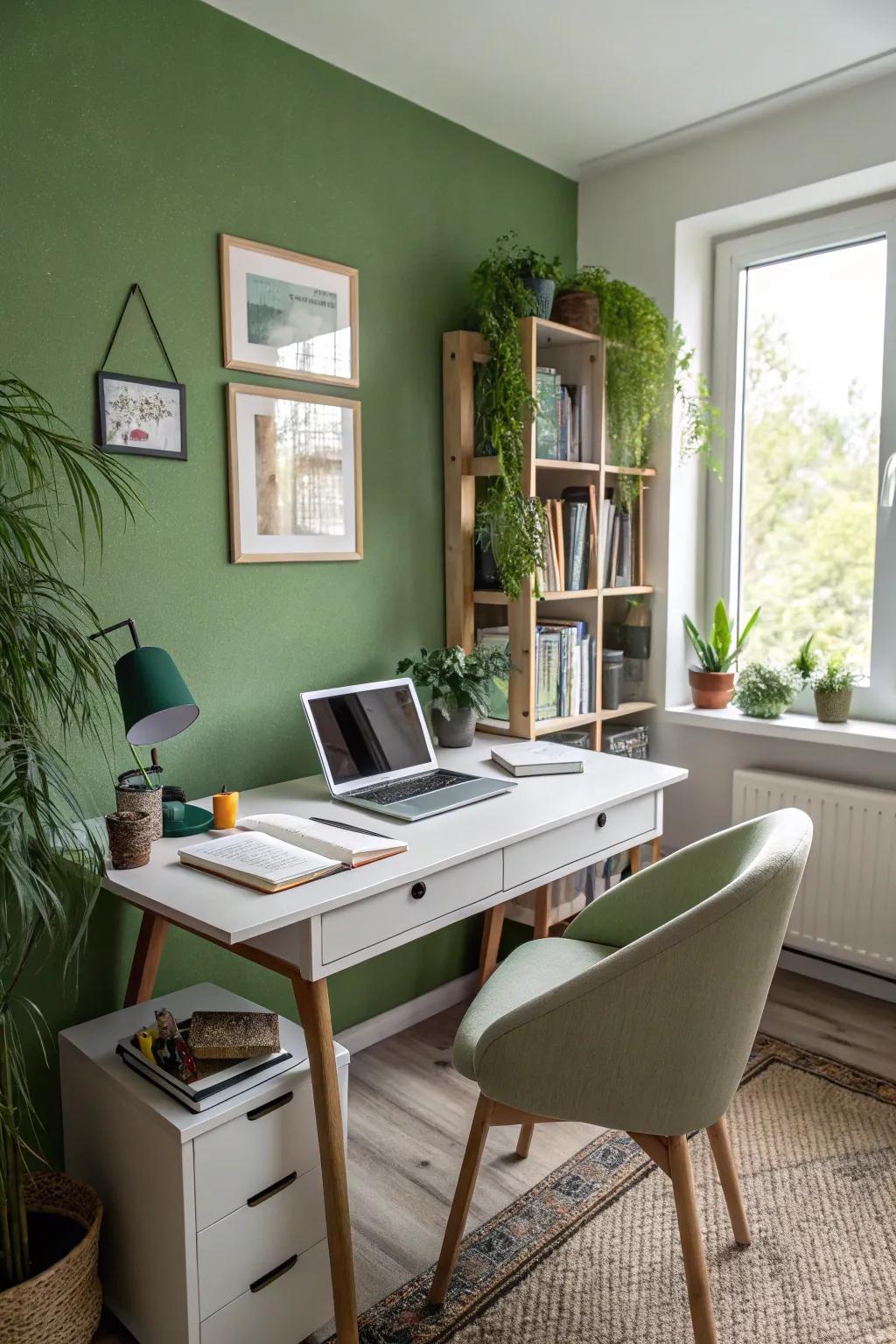A creative work-from-home space featuring a verdant accent.
