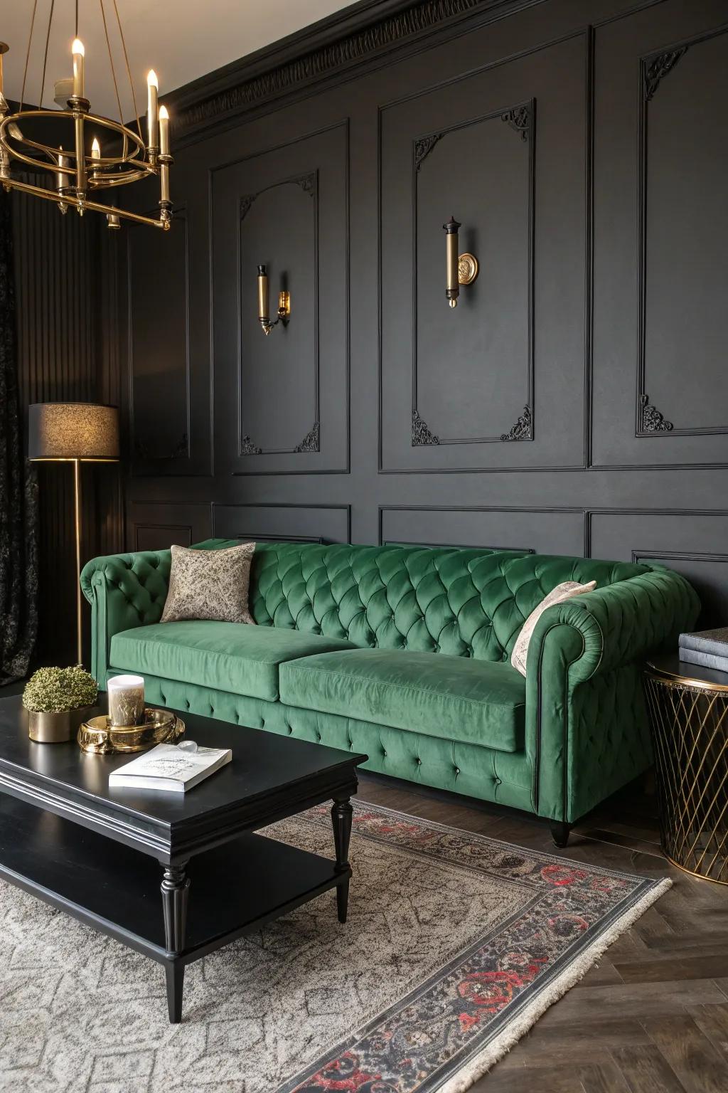 A dramatic lounge featuring a green velvet couch and black details.