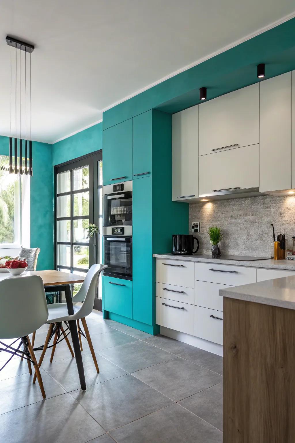 A feature wall in turquoise makes a bold and modern statement.