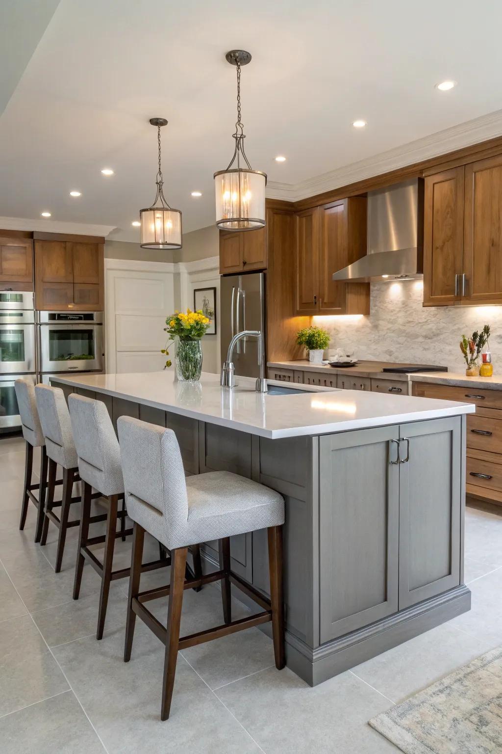Practical kitchen central island serving as a social hub