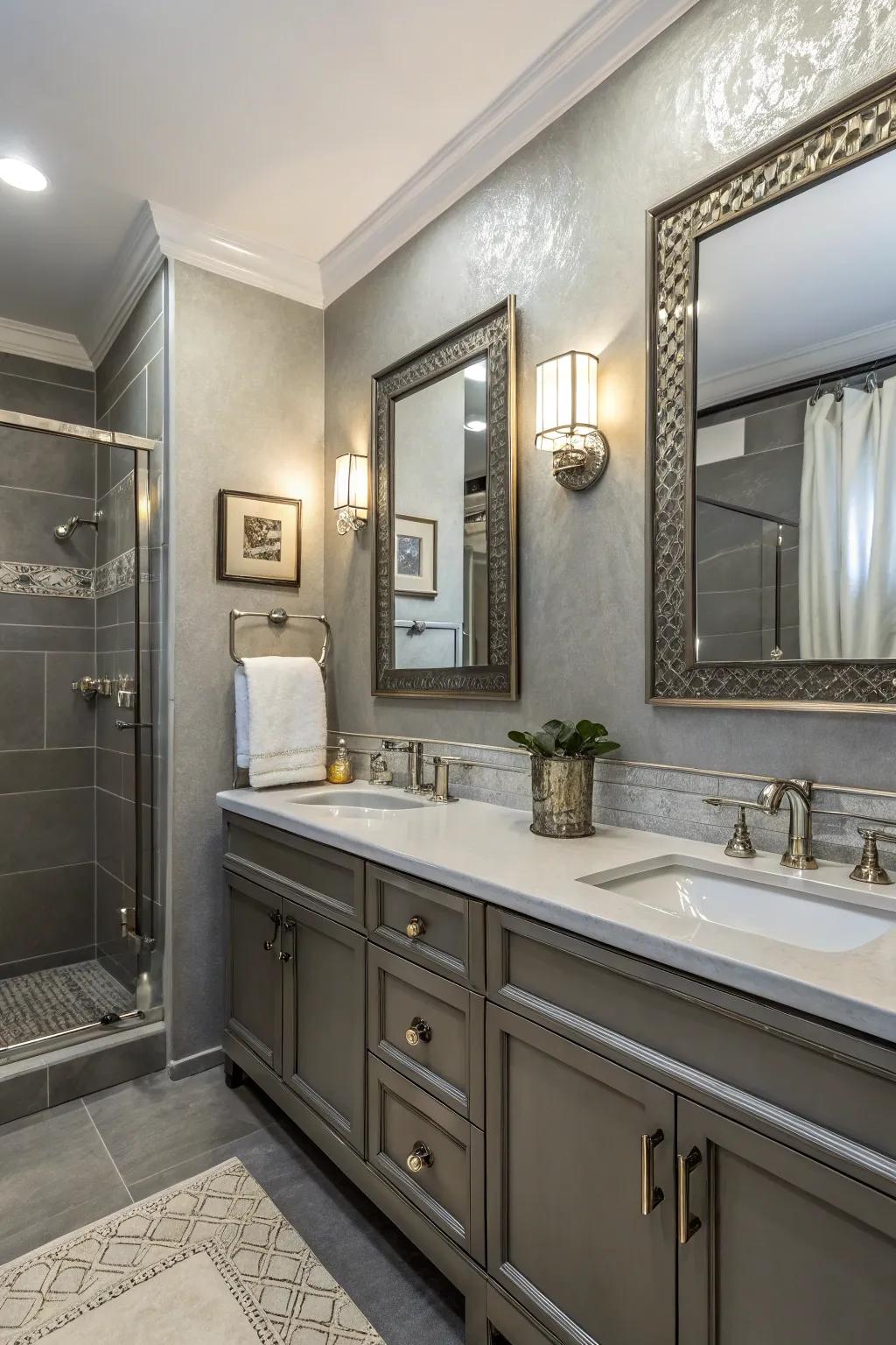 Metal details add a hint of opulence to the grey bathroom.