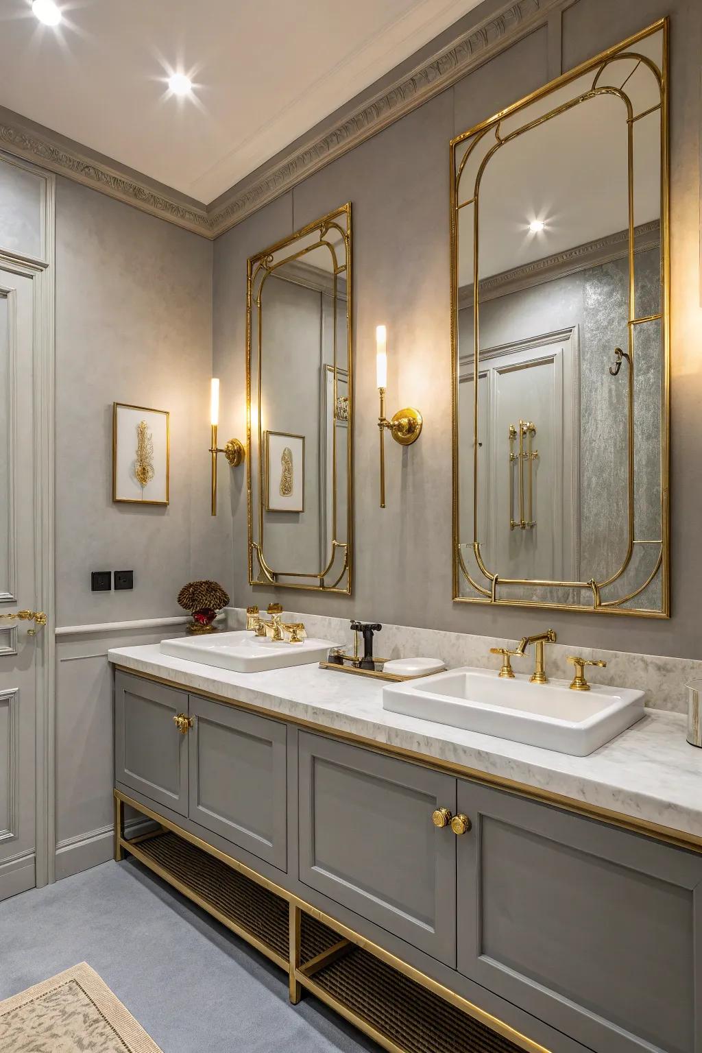 Grey partitions and golden details institute an artistic and opulent lavatory blueprint.