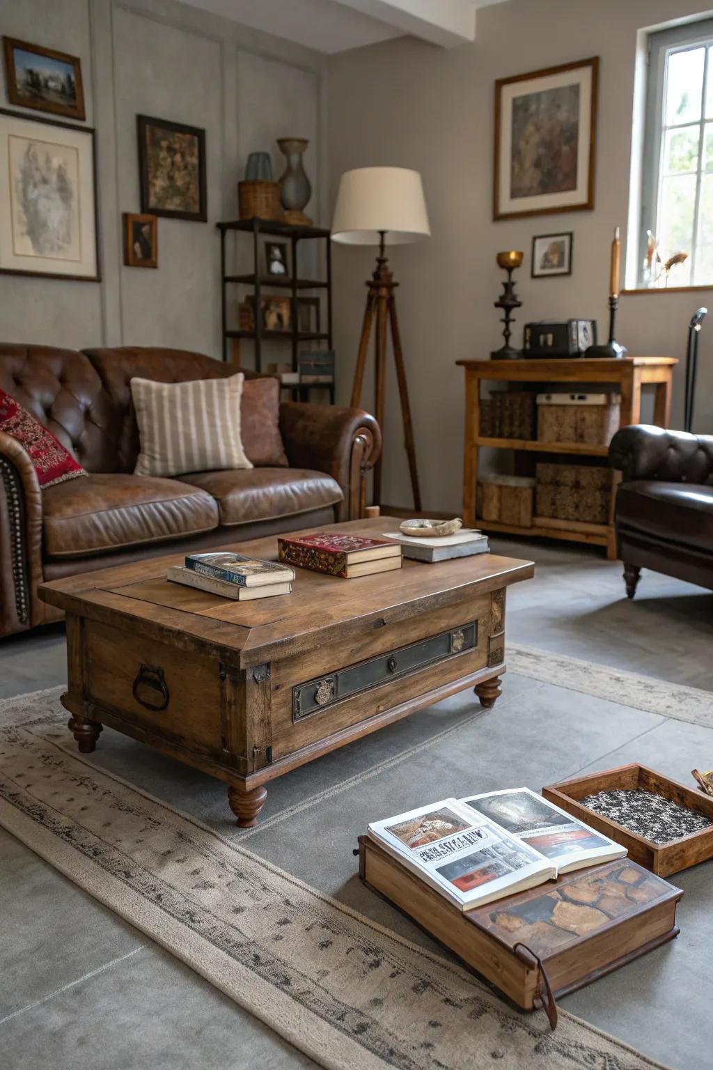 Vintage elements add charm to grey flooring.
