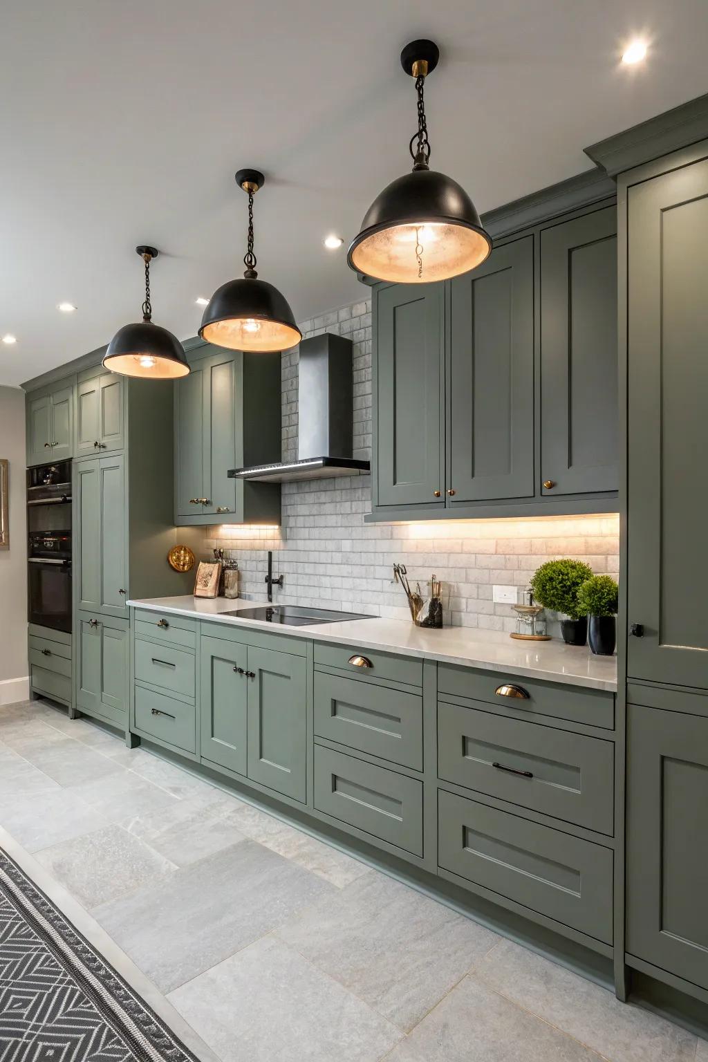 Striking illumination enhances the elegance of grey-green cabinets.