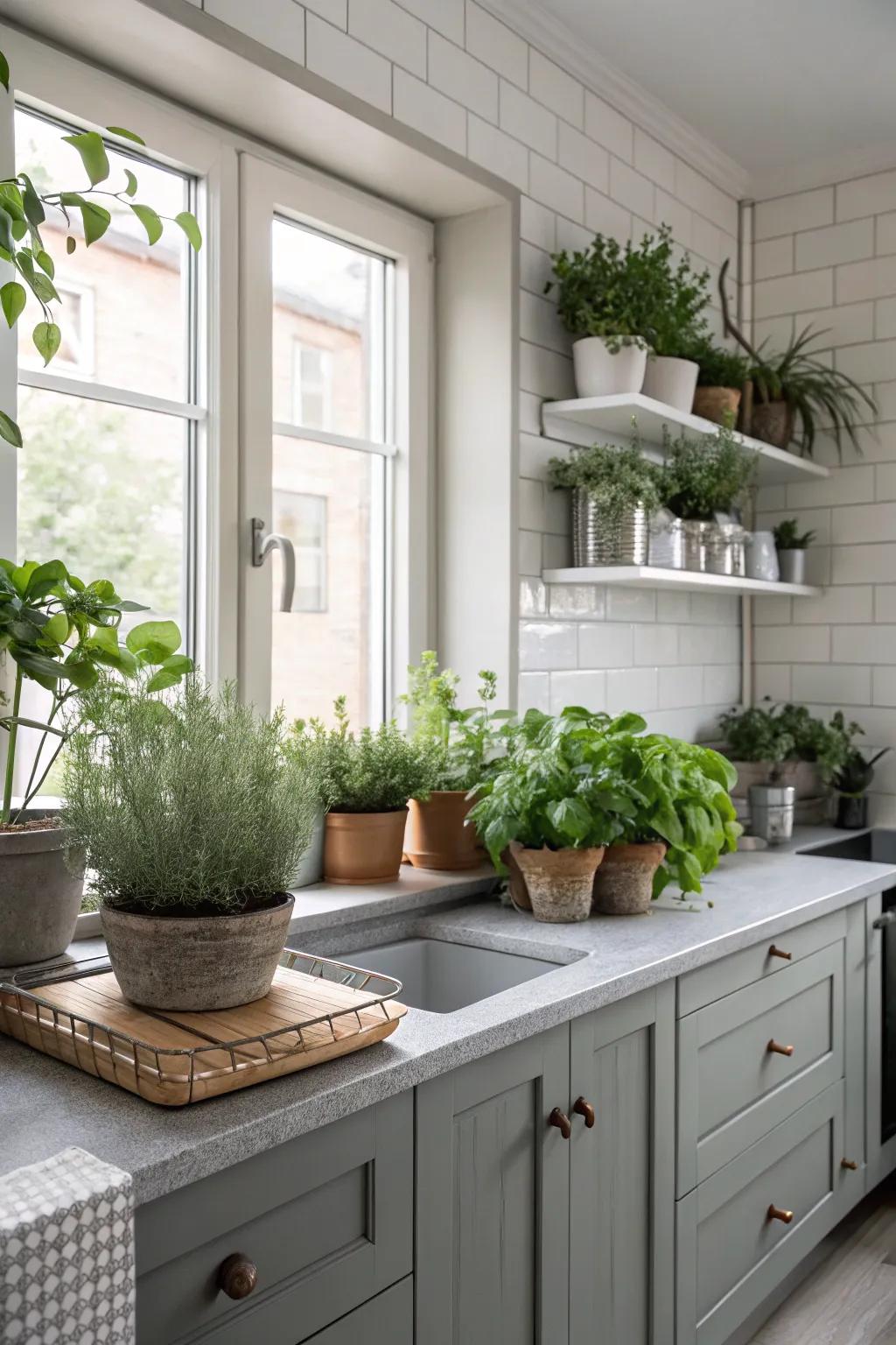 Foliage adds life and vibrancy to a grey kitchen.