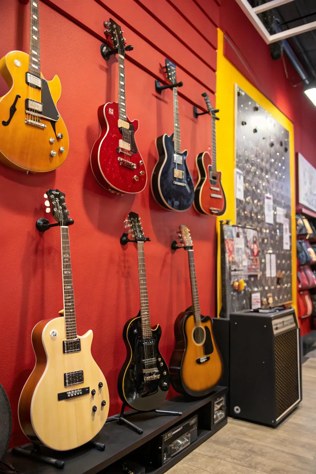 Guitars showcased on a boldly colored wall for optimum impact.