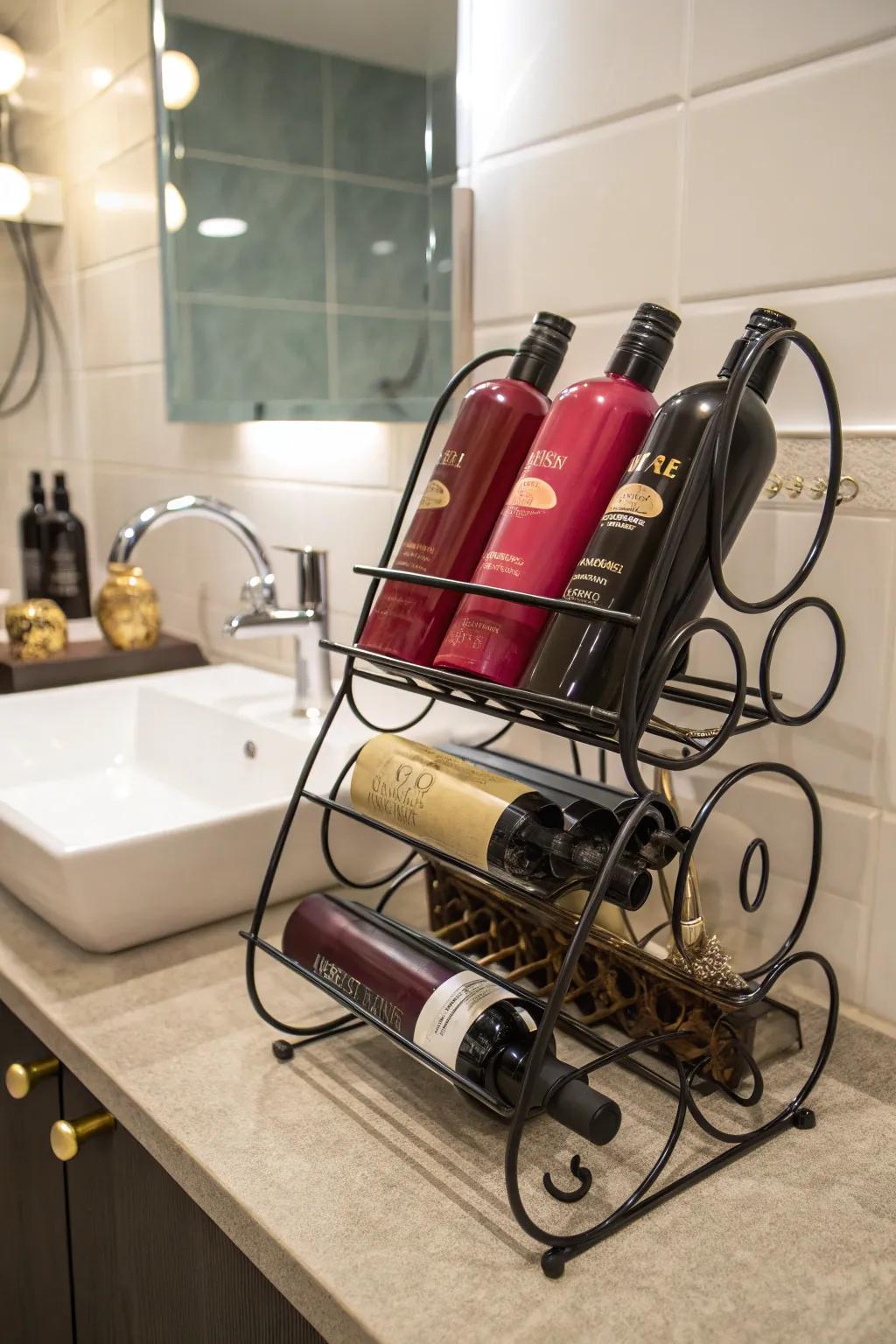 Creative usage of a wine rack for storing styling products.