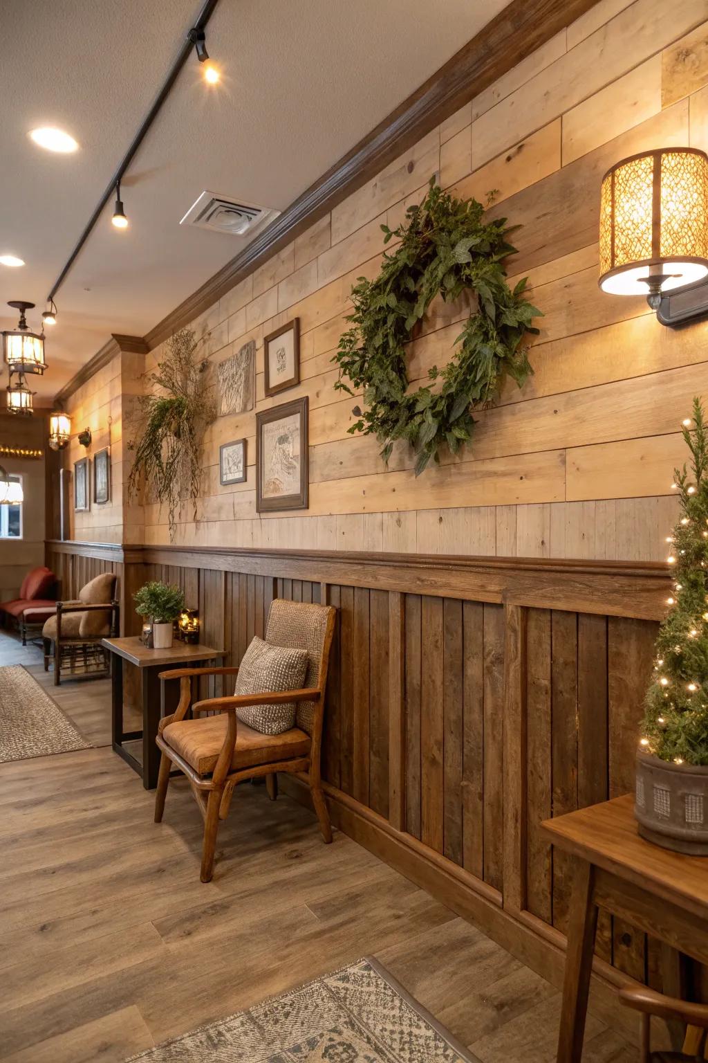 Reclaimed lumber shiplap enriches distinctiveness and sustainability.