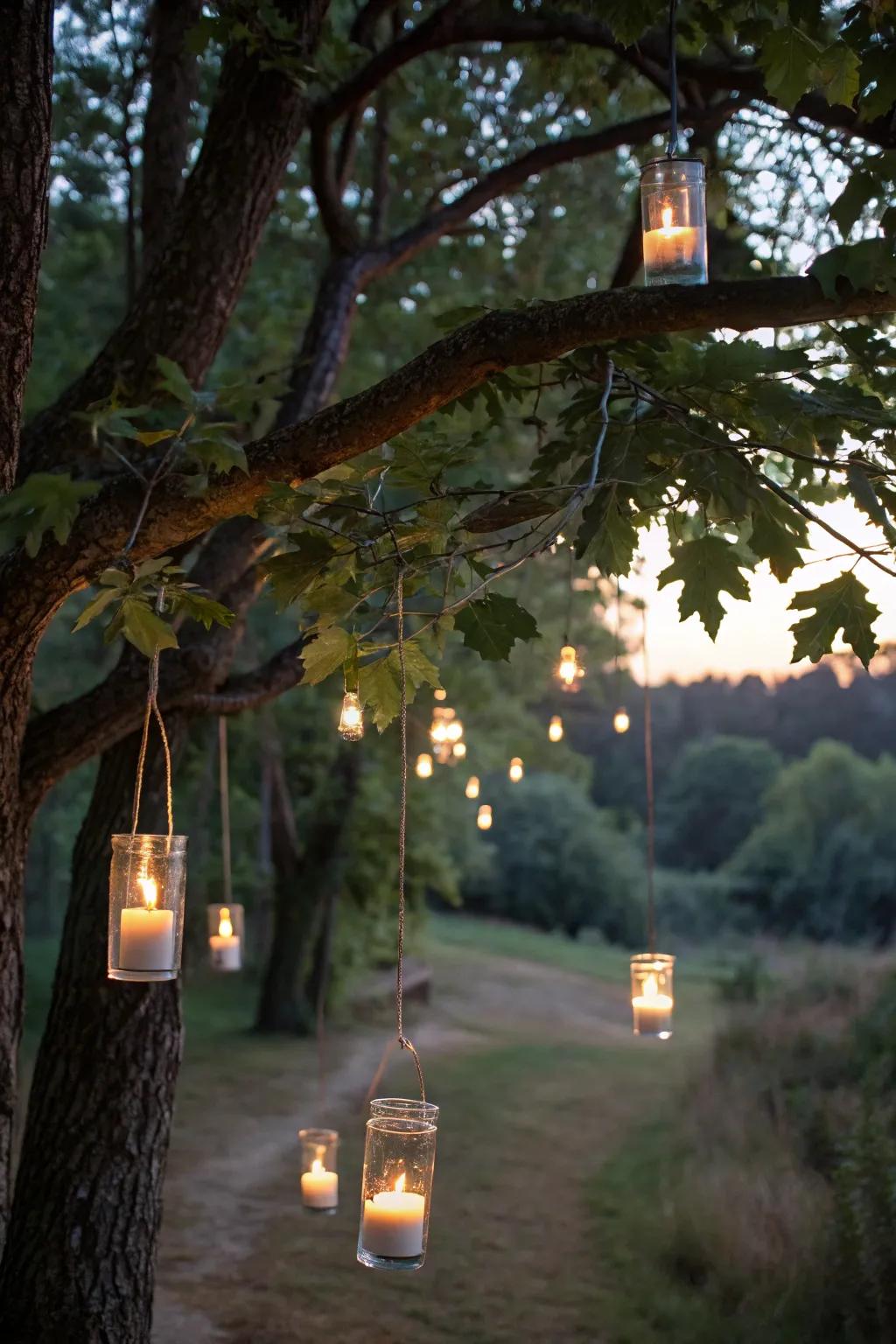 Hovering lights cultivate an enchanting atmosphere in your garden.