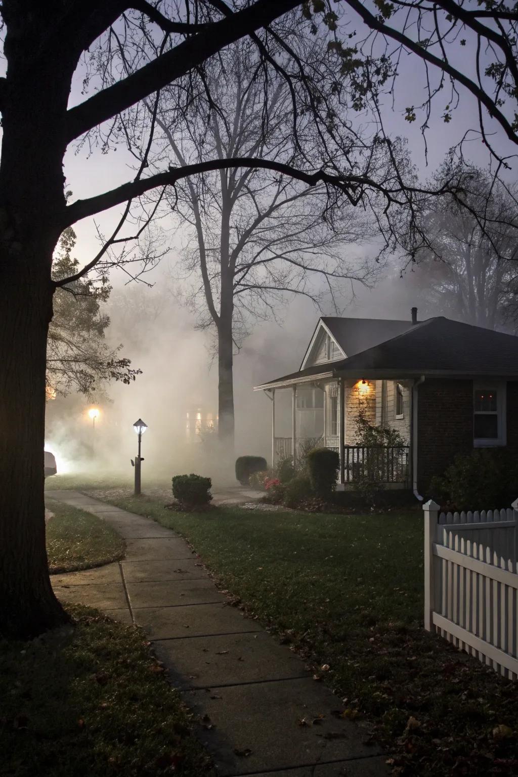 Eerie fog drifting through a Halloween-themed garden.