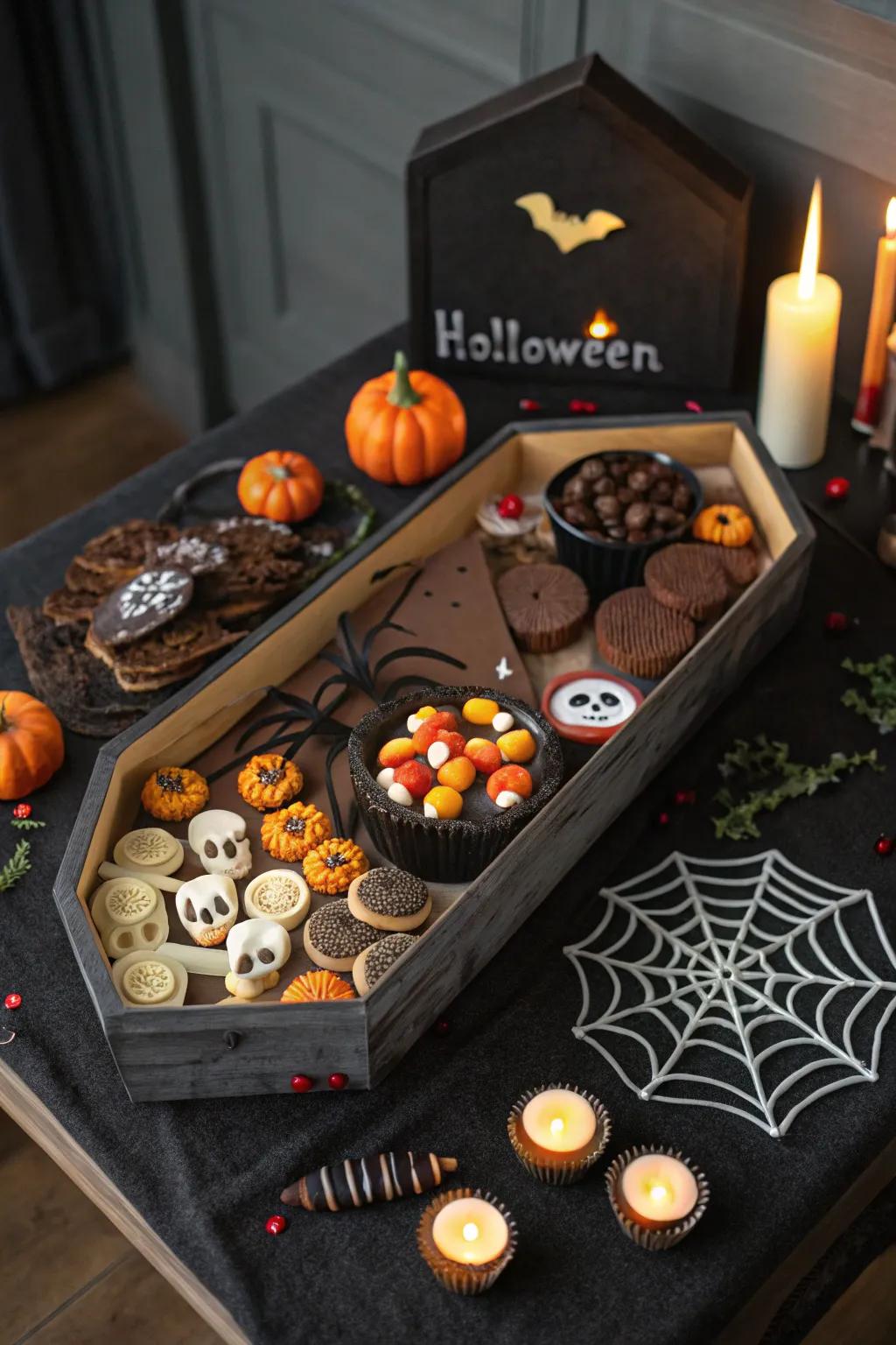 Serve treats from a snack table shaped like a coffin.