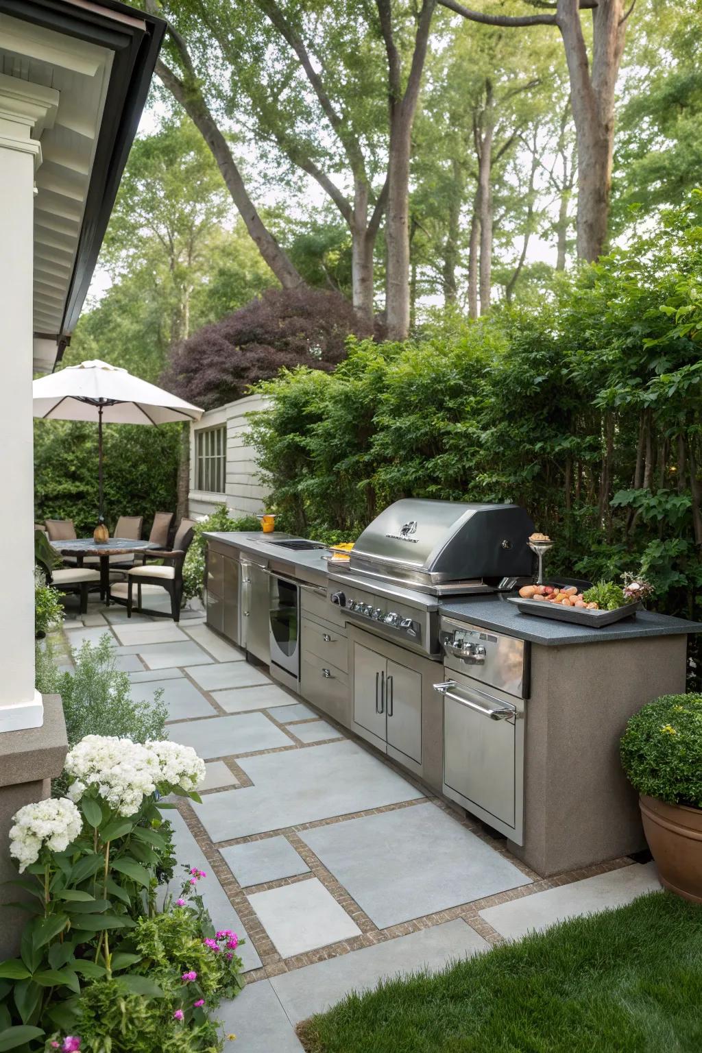 Exterior cooking zones elevate the utility of outdoor expanses.