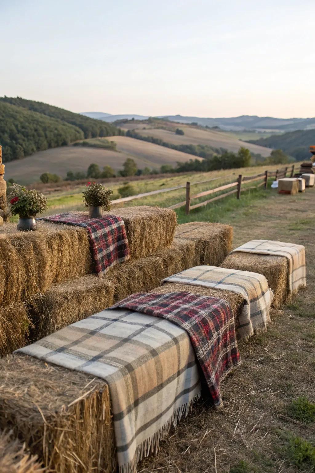 Rustic hay bundle seating designed for a harvest assemblage.