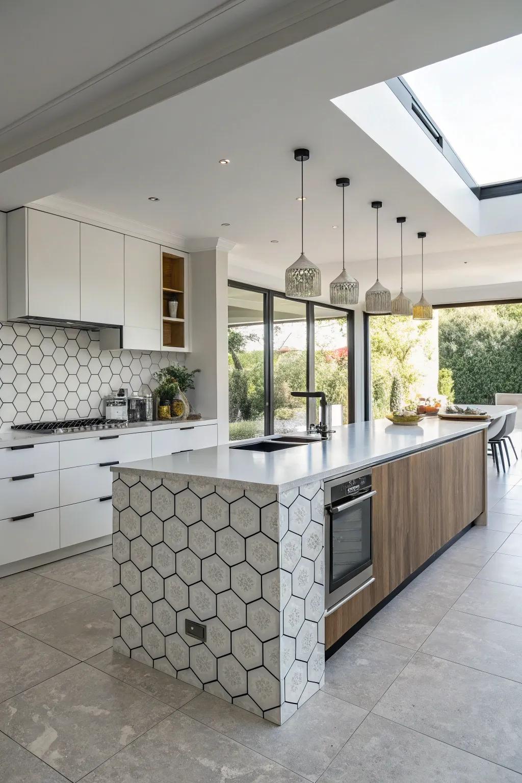 A center island highlighted by hexagon accents transitions into an attractive kitchen focal point.