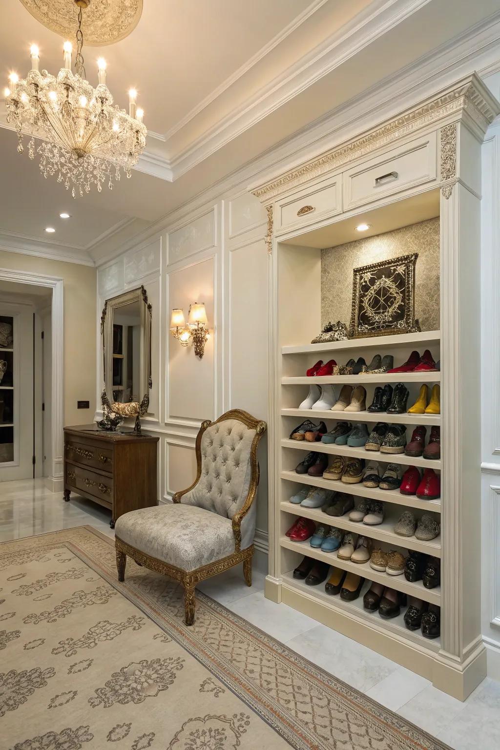 Crown molding shoe ledges provide a chic and practical storage solution.