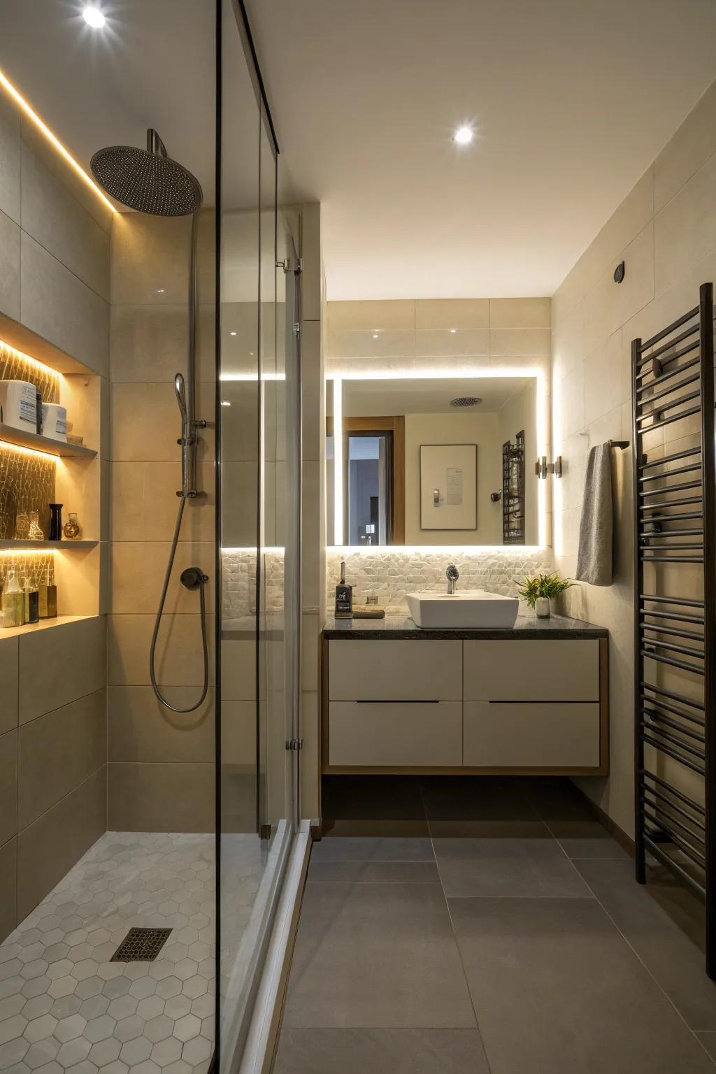 Concealed lighting transforms the shower into a relaxing oasis.