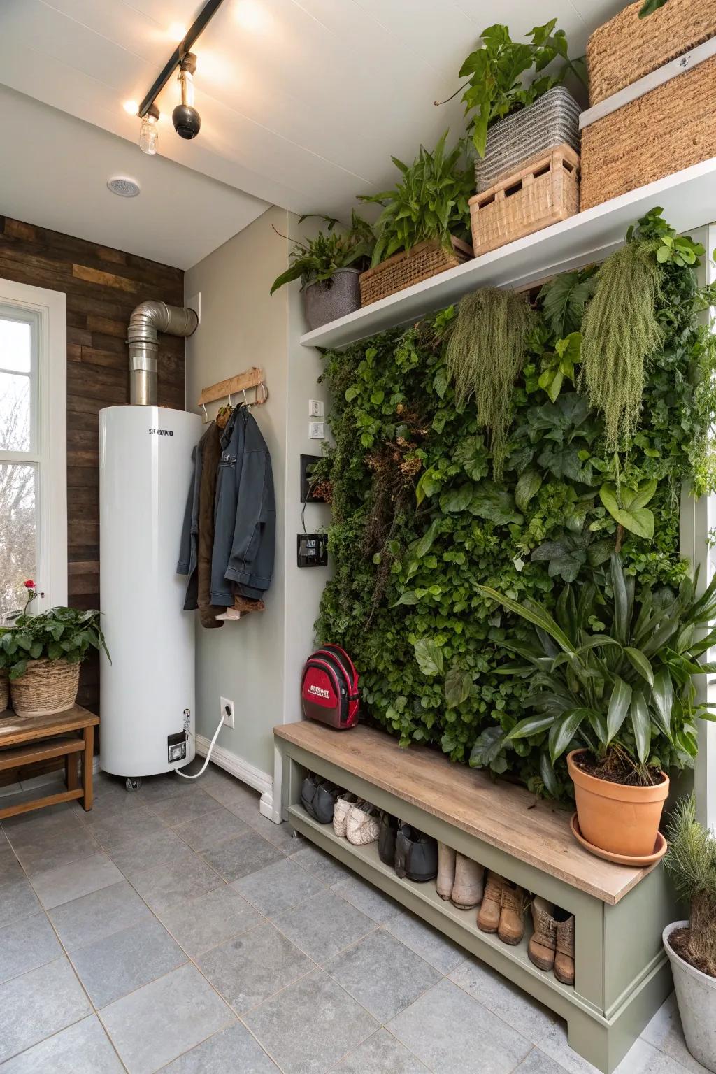 A plant wall beautifully conceals utility features.