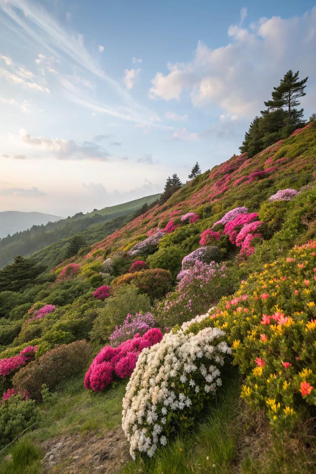 Hillside gardens benefit from the color and interest that flowering shrubs provide all year round.