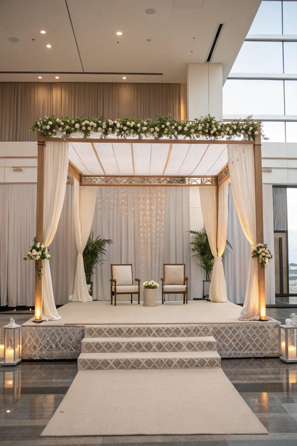 A minimalist chic mandap showcasing neutral tones and uncluttered lines.
