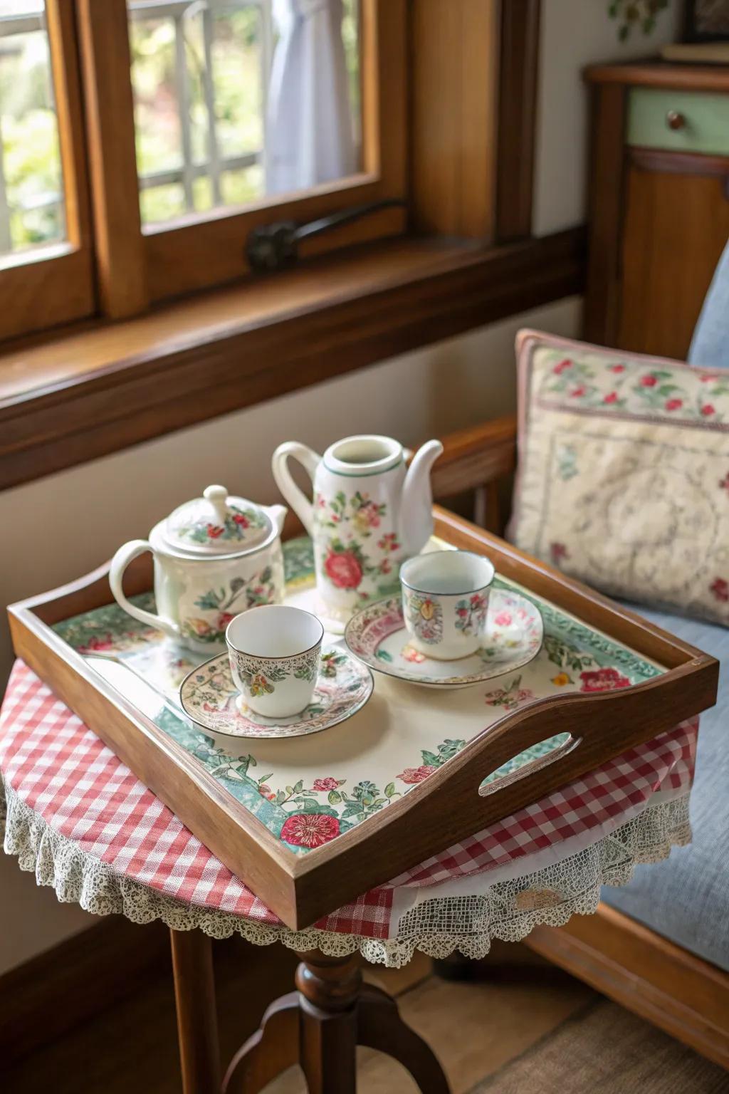 A painted carry-all adding color and charm to a breakfast nook.