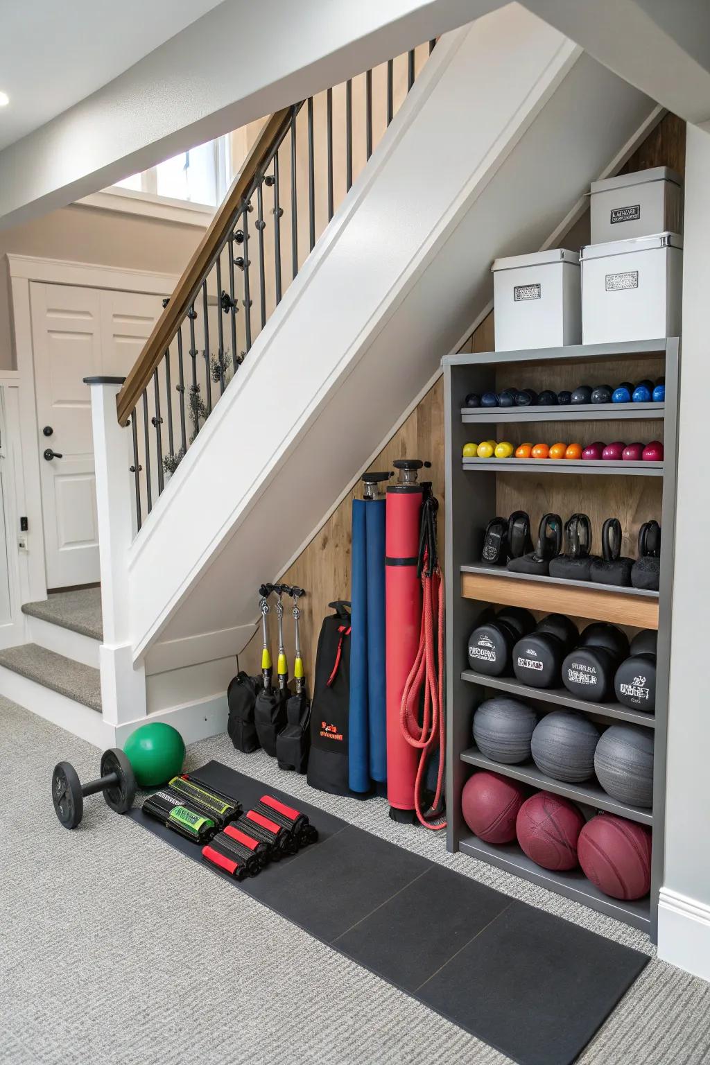 Under-stair storage converts unused space into valuable gym storage.