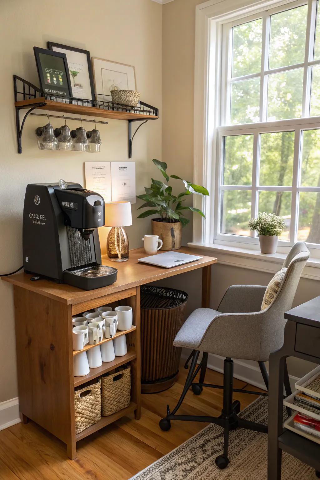 A dedicated coffee nook maintains refreshments close at hand.
