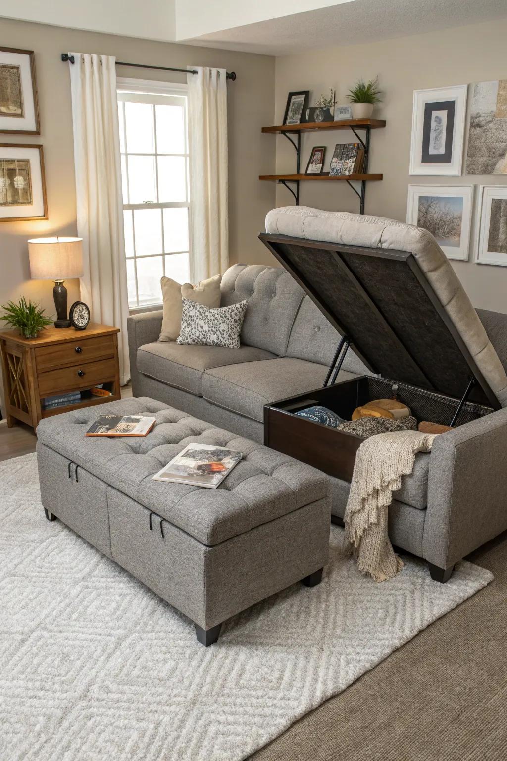 A living room showcasing multi-functional furniture for added utility.