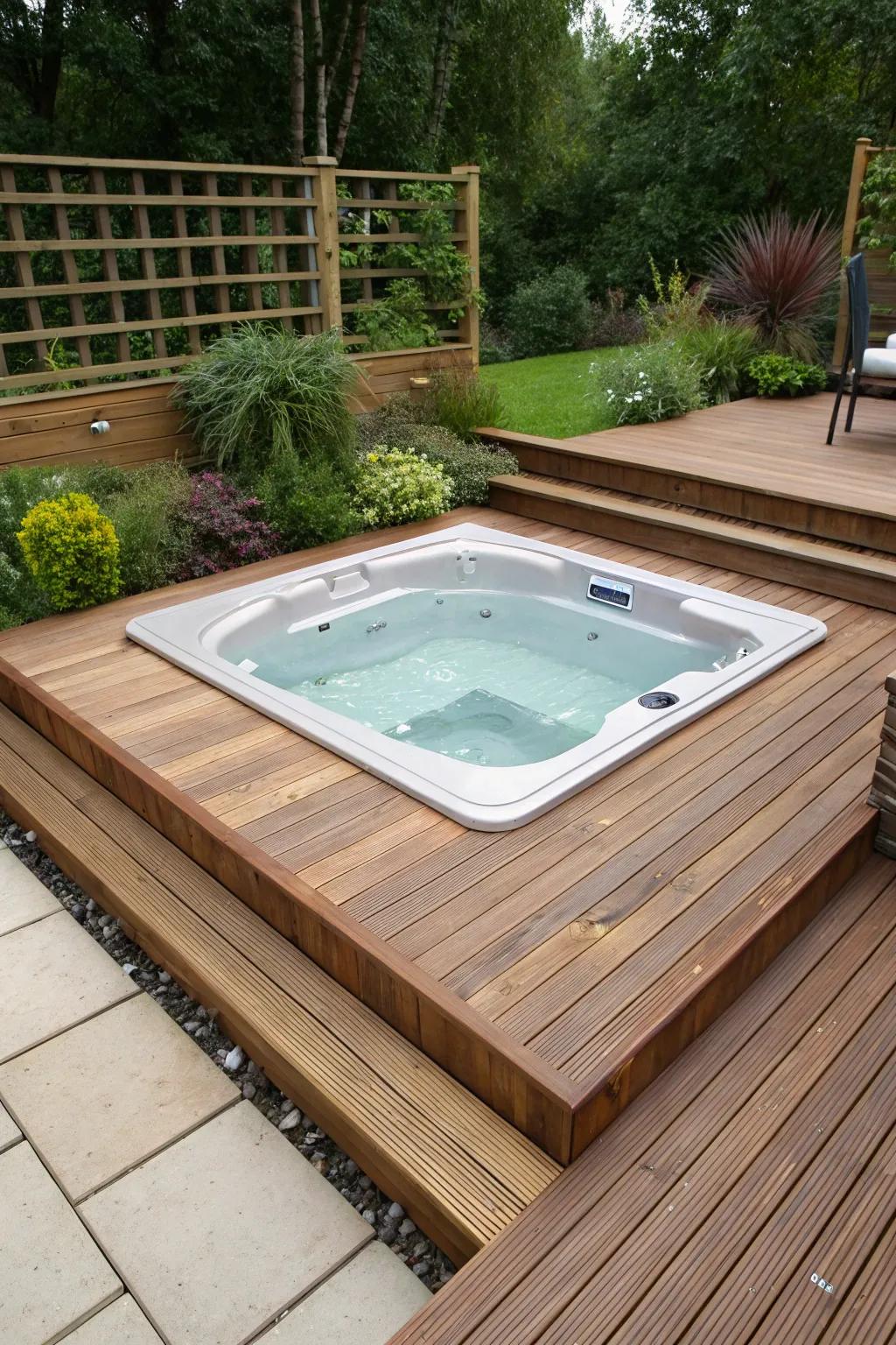 Achieve sleek design with a recessed hot tub on your deck.
