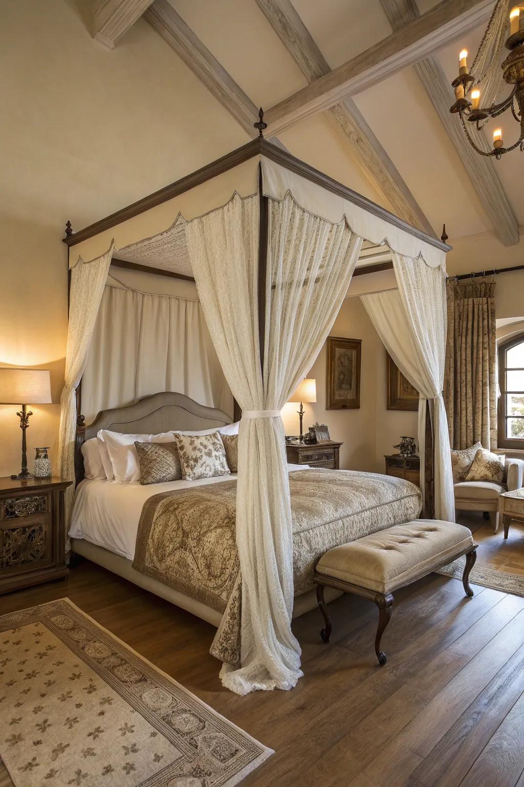 A four-poster bed introduces an element of regal opulence.