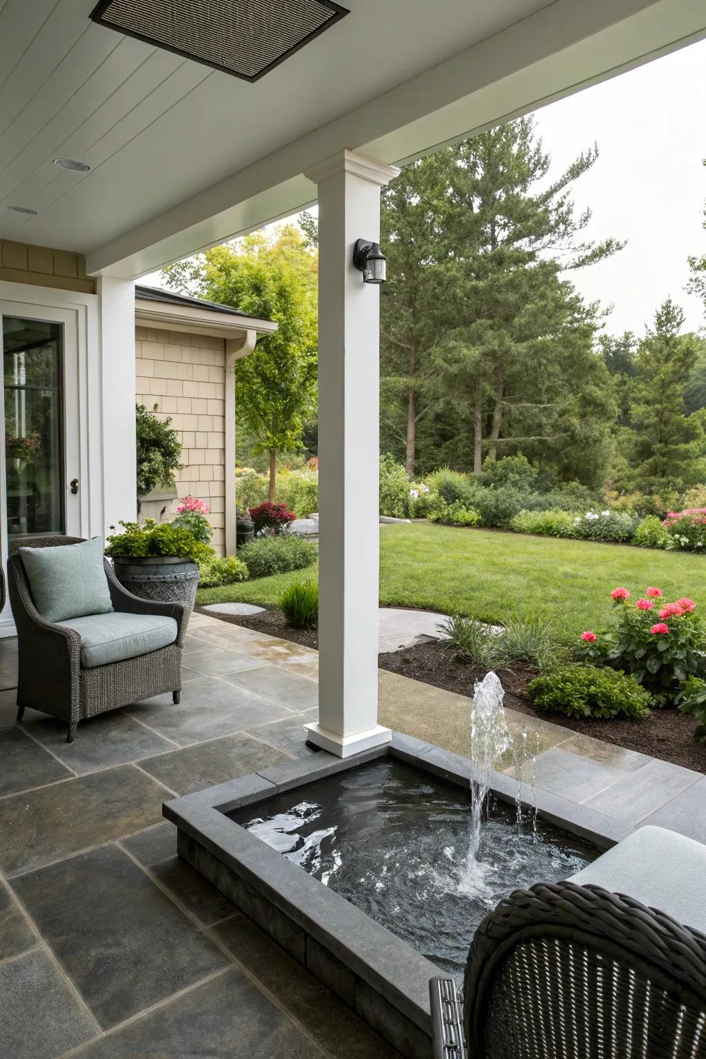 A liquid element instills a perception of calmness into this contemporary porch.