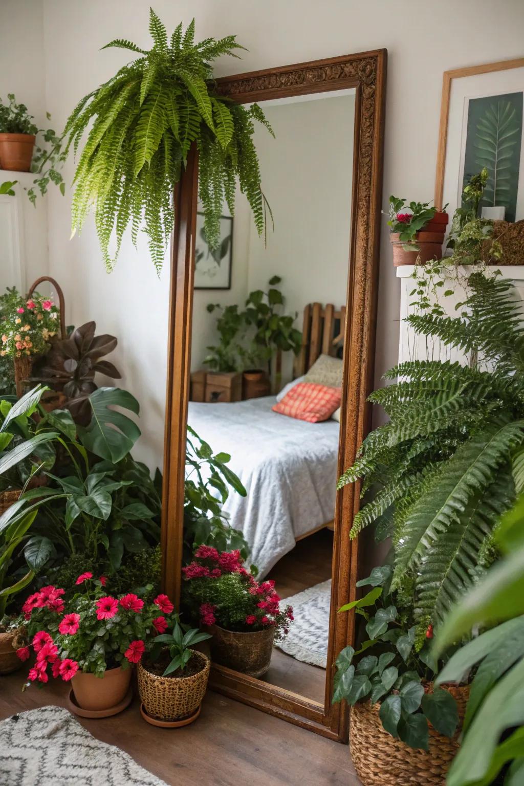 Flora augments the inherent allure of mirrors, engendering placid expanses.
