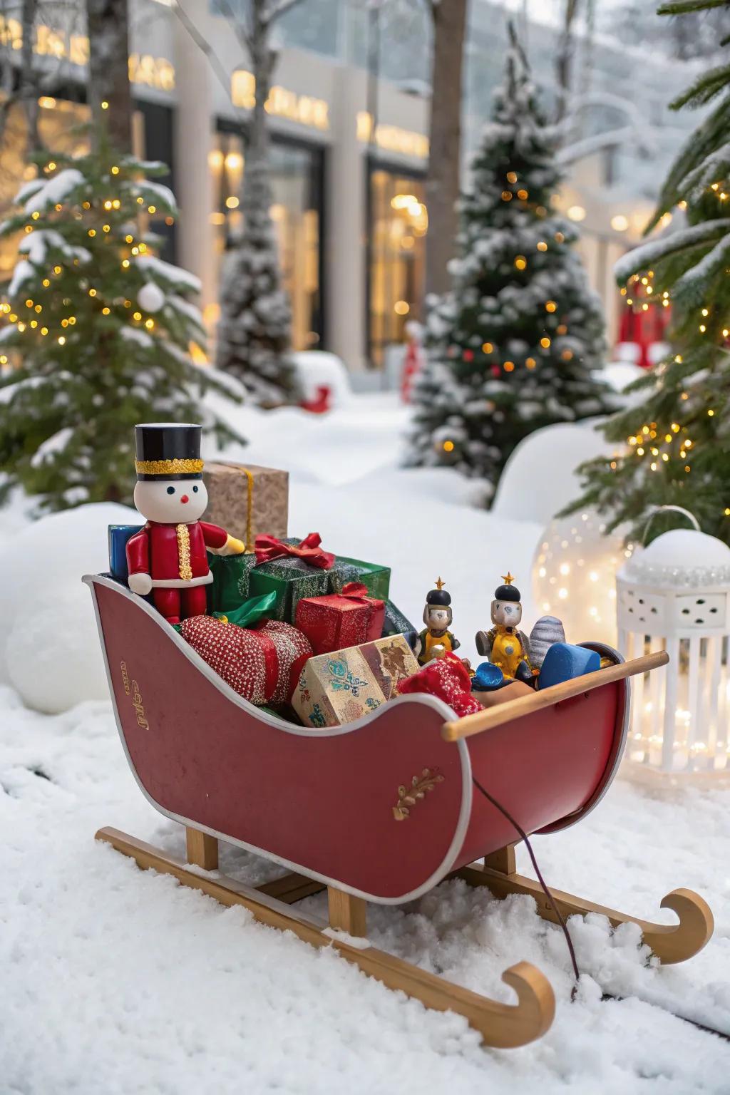 A whimsical sled showcasing playful holiday playthings