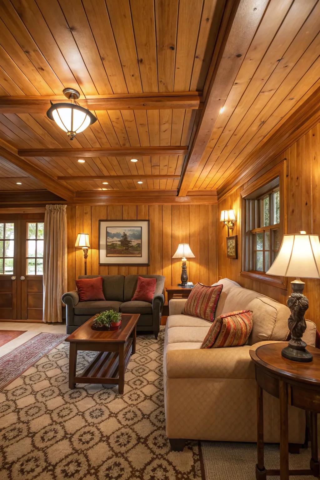 A snug chamber with warm timber paneling on the overhead plane.