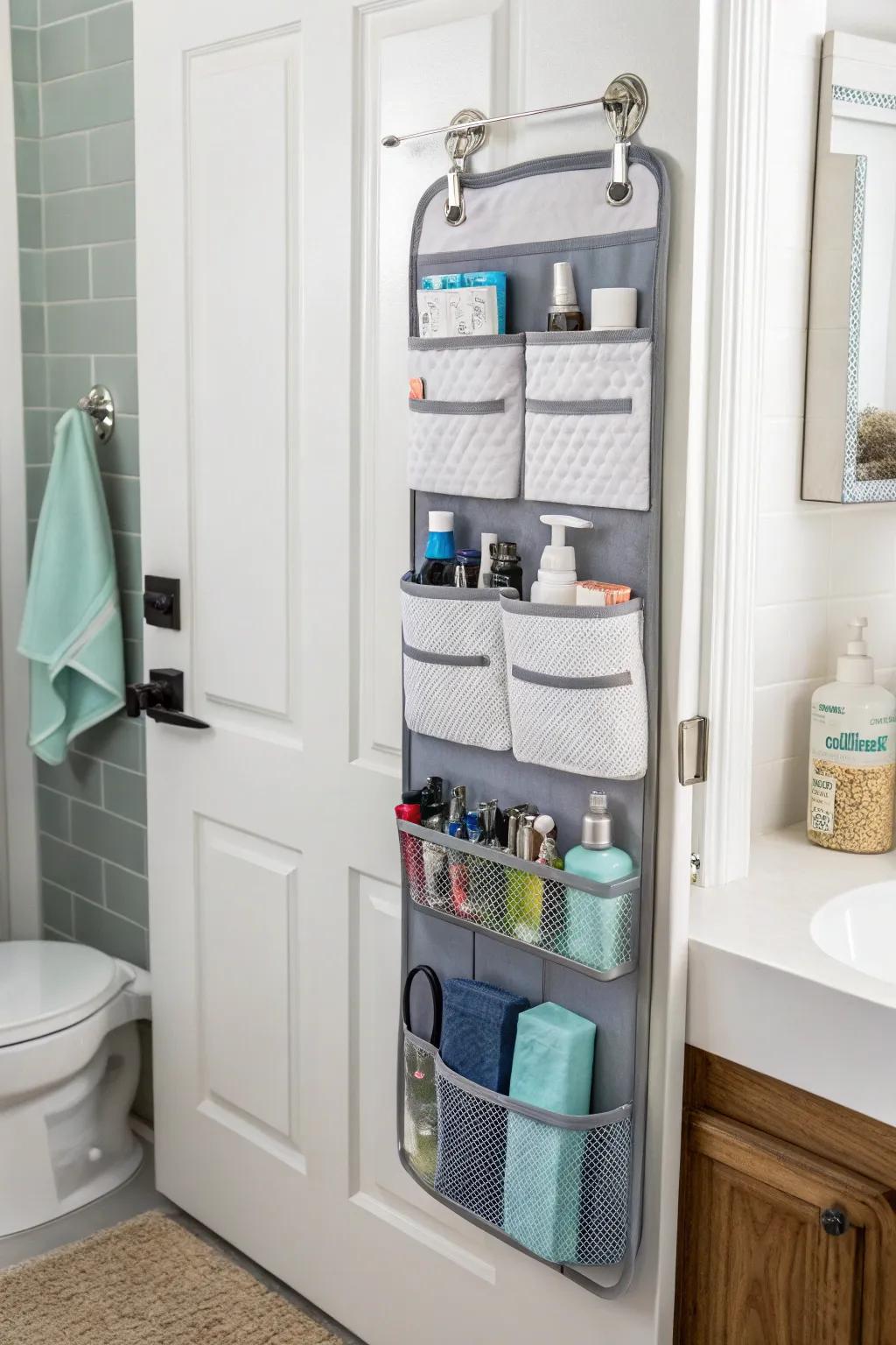 A lavatory featuring a door organizer that maximizes storage capabilities.