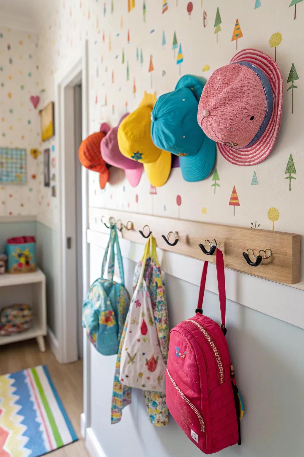 Wall hooks keep accessories tidy and accessible.
