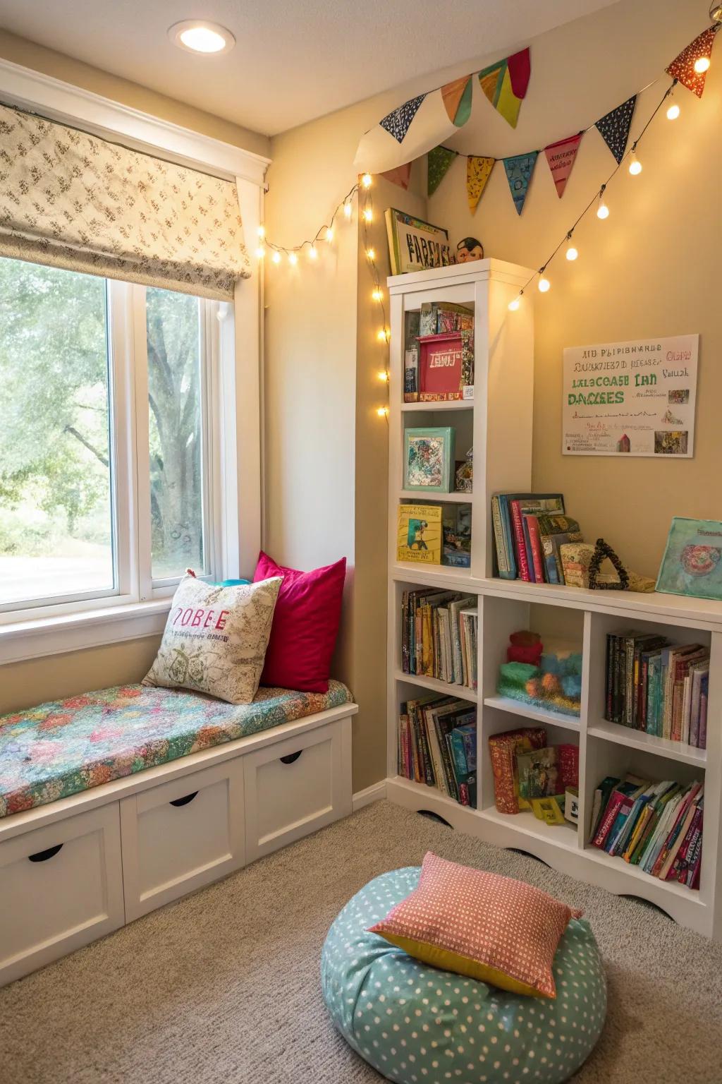 A reading area establishes a serene escape for book enthusiasts.
