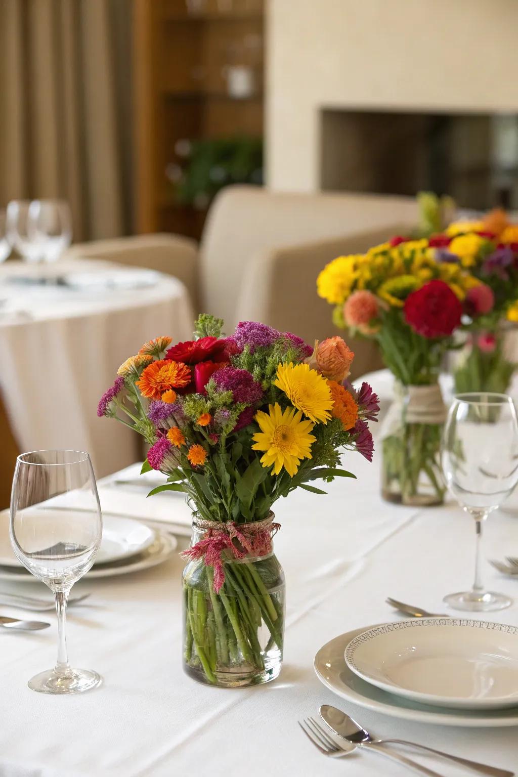 Small bouquets inside miniature vases match the table arrangements.