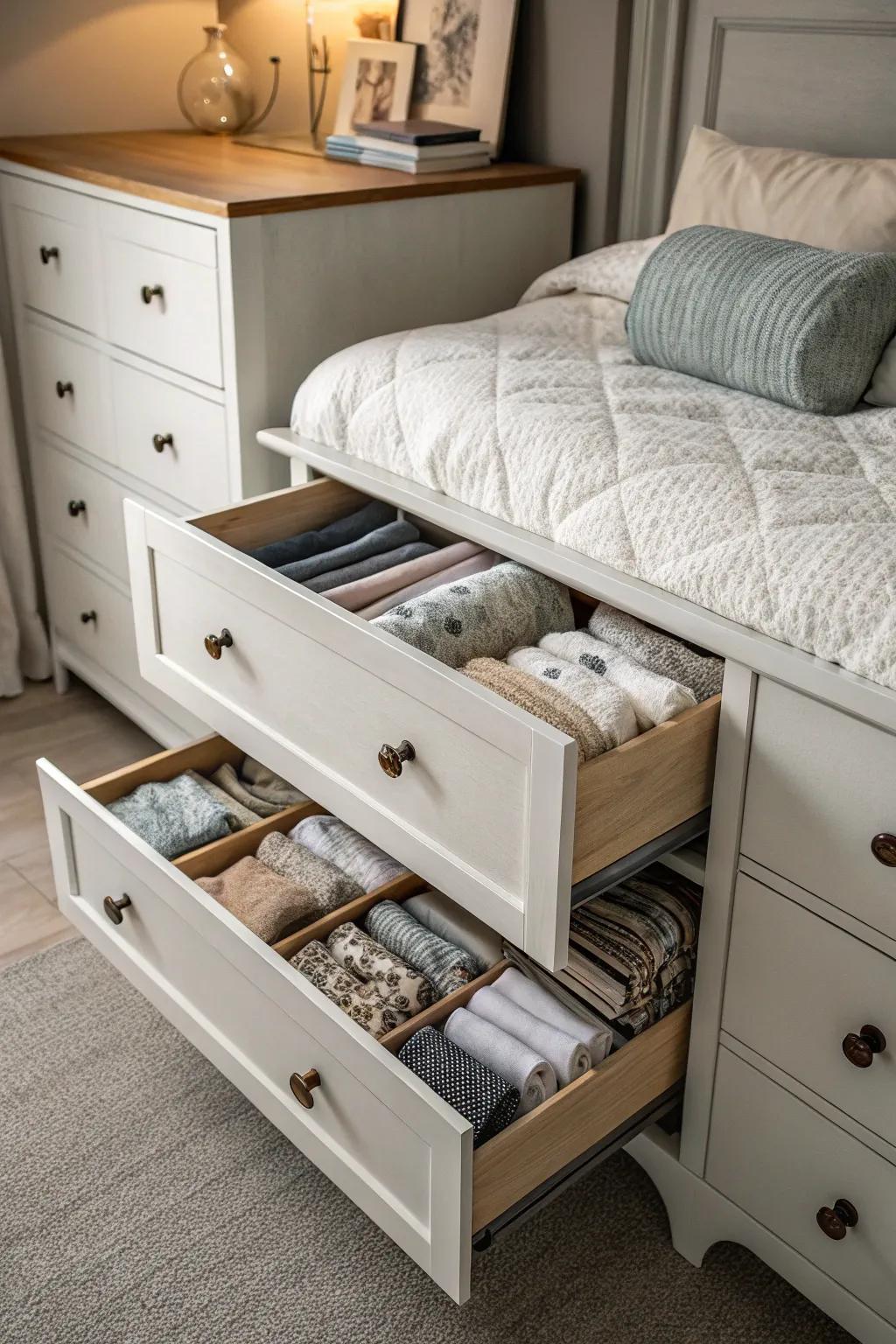 Comforters arranged within the profound drawers of a dresser.