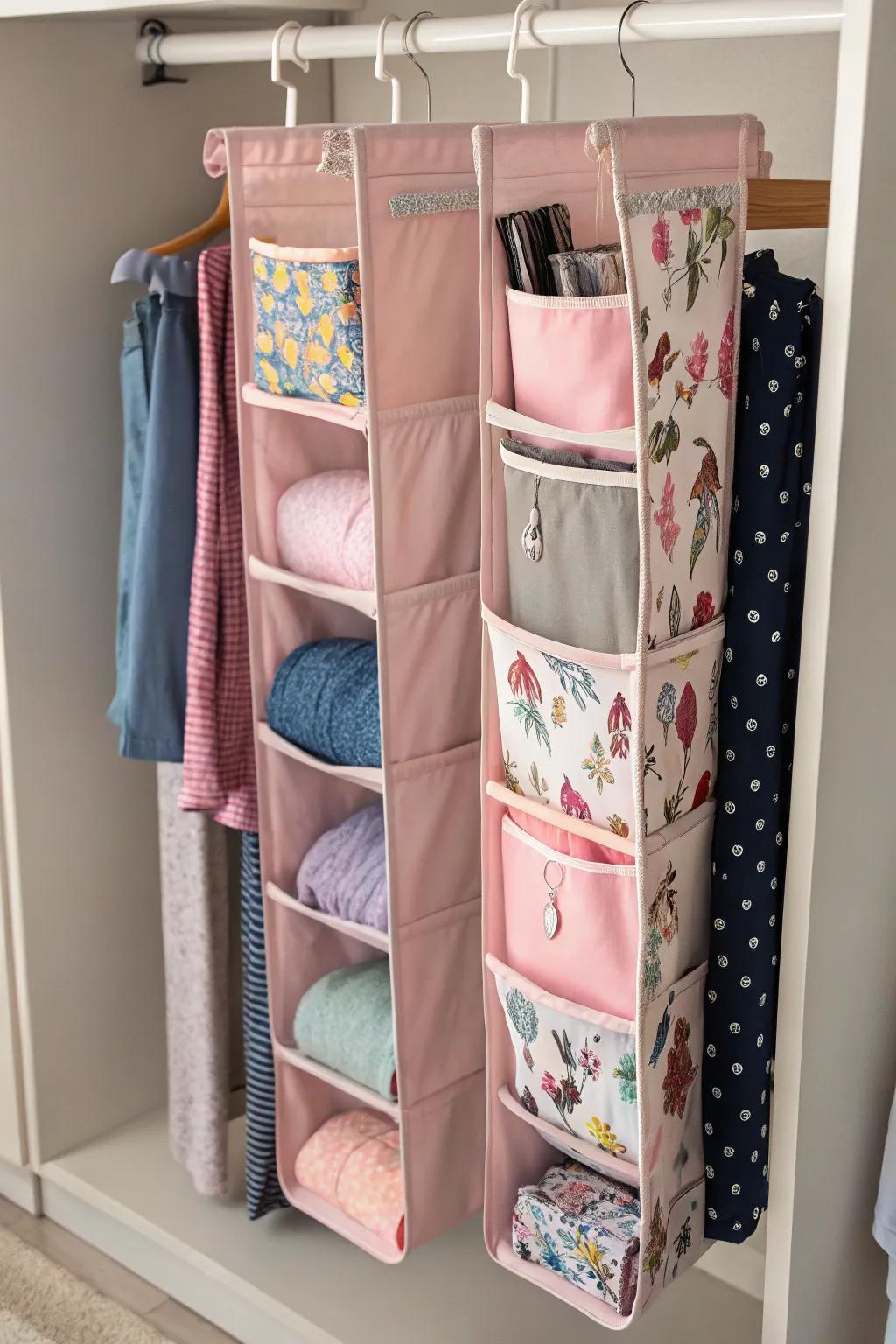 Keep your leggings neatly arranged by utilizing hanging fabric shelves.
