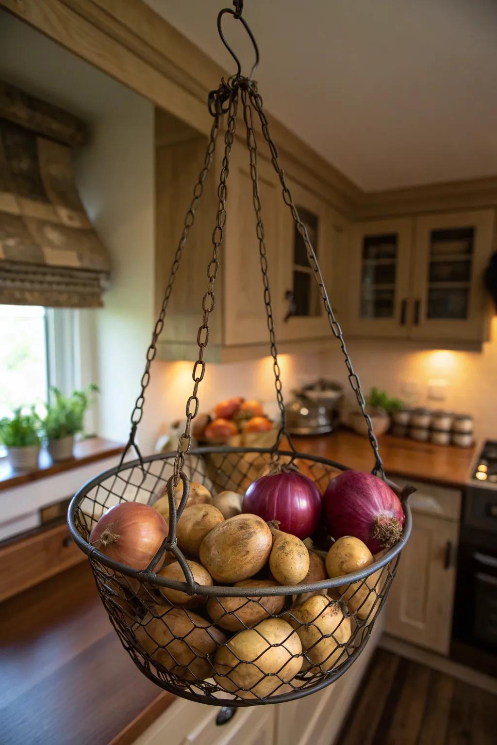 Suspended baskets offer both ornamental and functional benefits for produce storage.