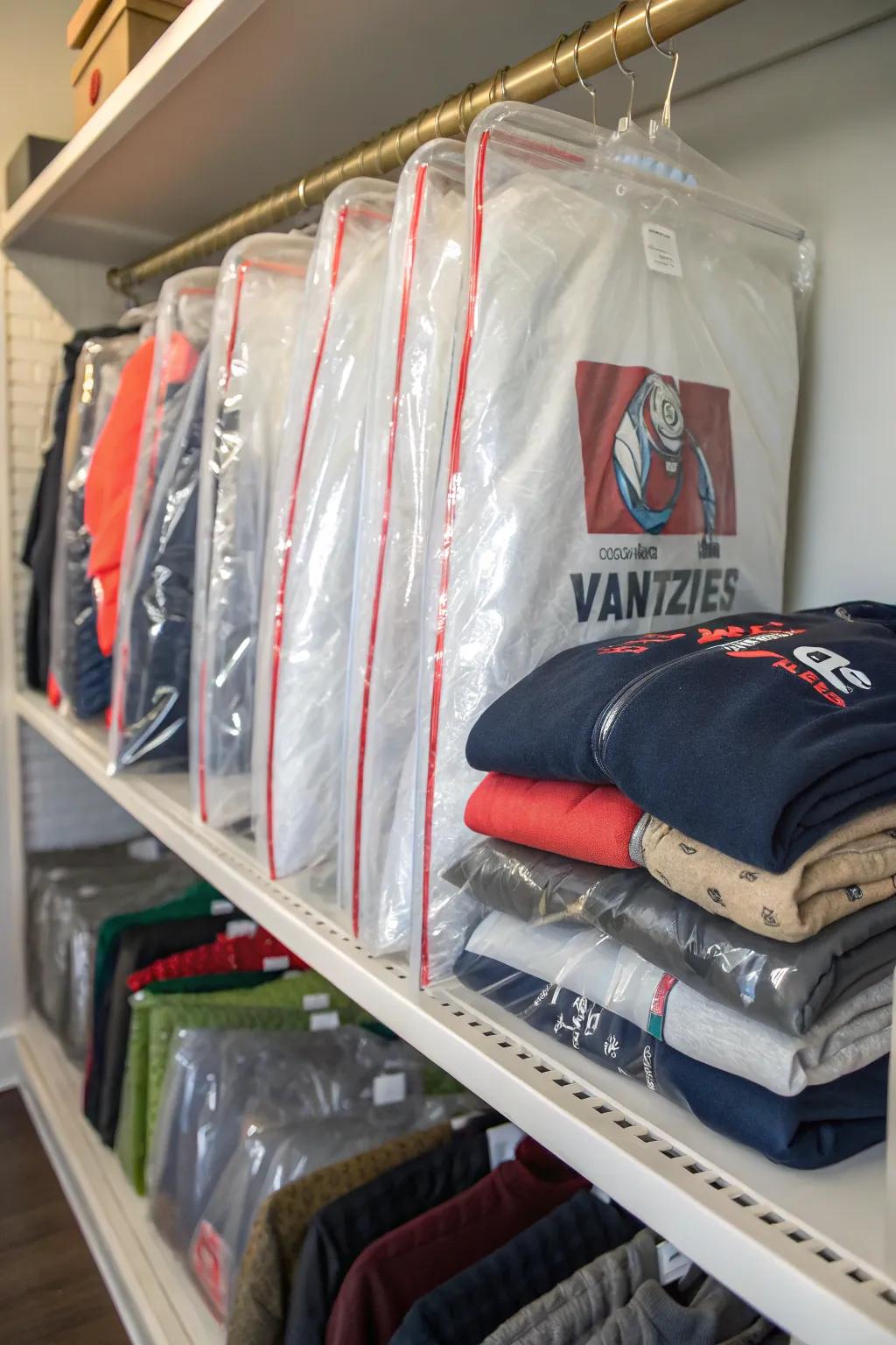 Vacuum-sealed bags conserve space and safeguard sweatshirts in storage.
