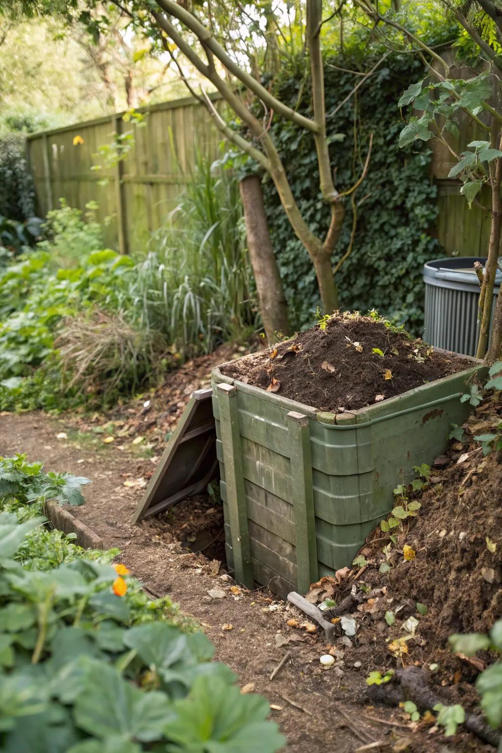 A partially buried compost bin, discreetly positioned to minimize odors and pests.