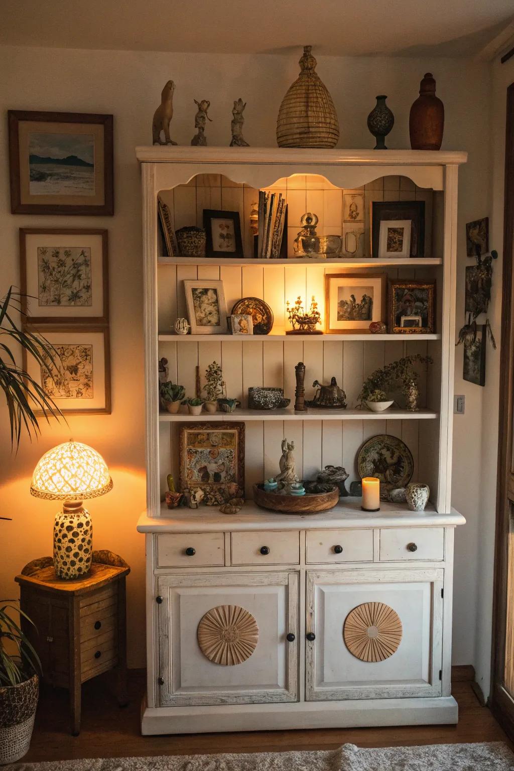 Artistic touches introduce inventiveness to this hutch display.