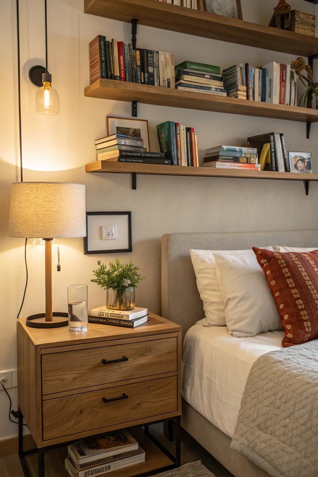Ensure the coziness and organization of your bedroom by integrating in-wall shelves.
