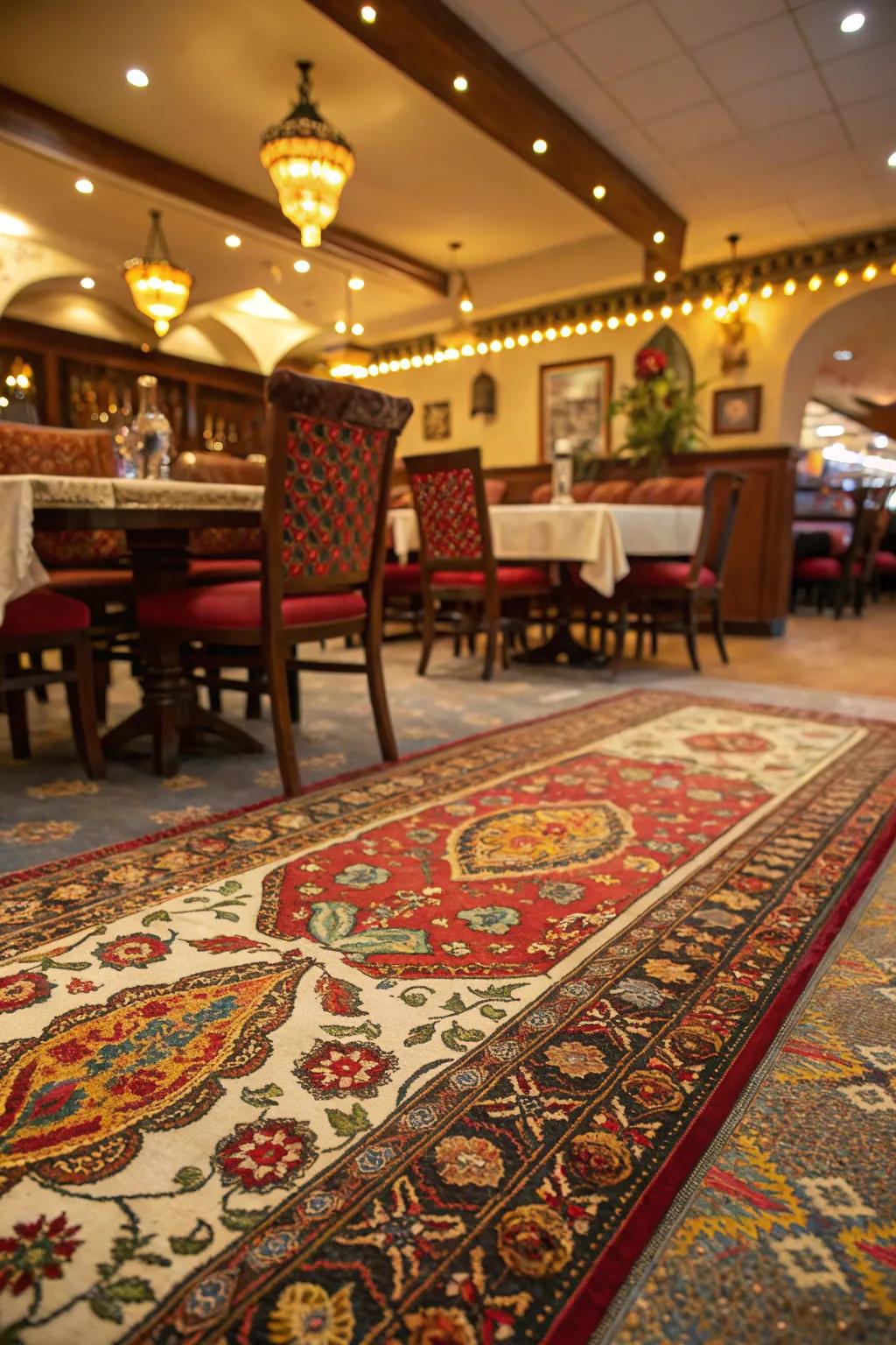 Detailed floor coverings enhance the warmth and beauty of an Indian restaurant.