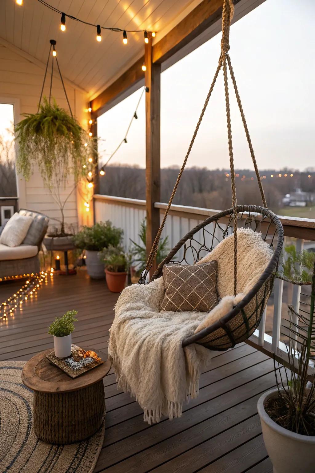 A swinging seat introduces a playful element to this indoor deck.