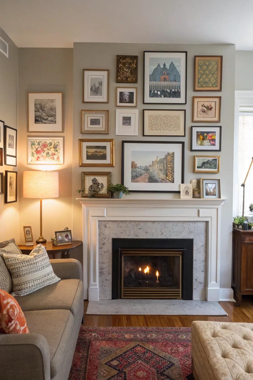 A living space displaying a gallery-styled wall above a fireplace, transmuting it into a creative centerpiece.